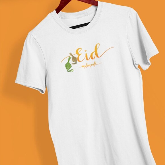Monoline Eid Mubarak Lettering and Typography in One Color T-Shirt | Ramadan Tee - Picture 1 of 10